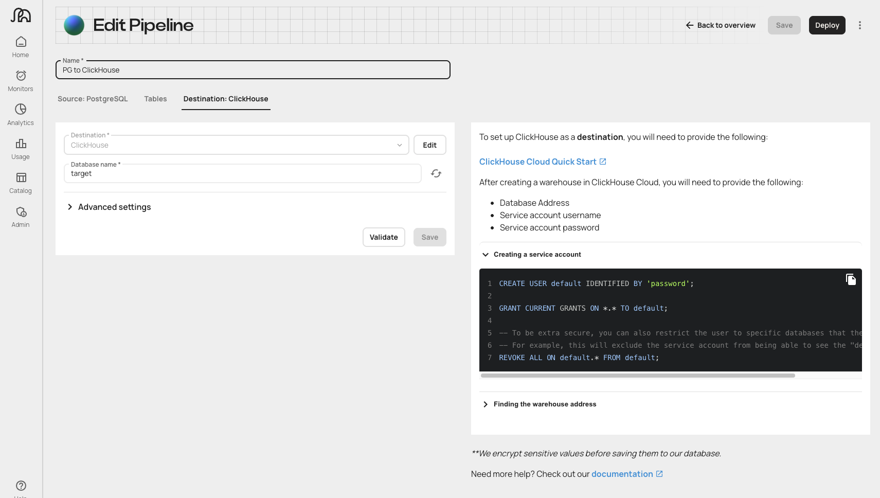 Artie 파이프라인 편집 인터페이스