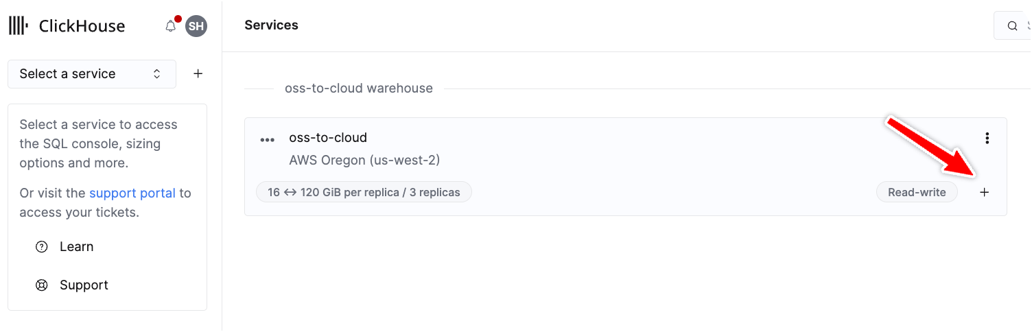 웨어하우스에서 새 서비스 생성