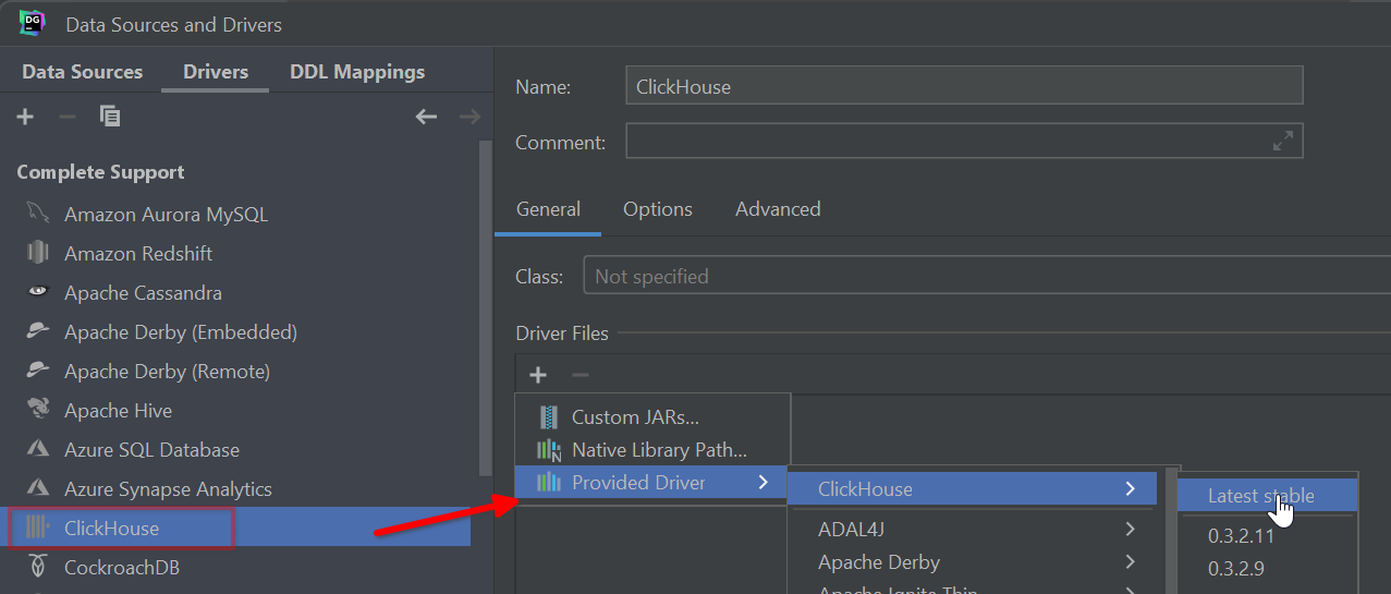 ClickHouse 드라이버 설치를 보여주는 DataGrip Drivers 탭