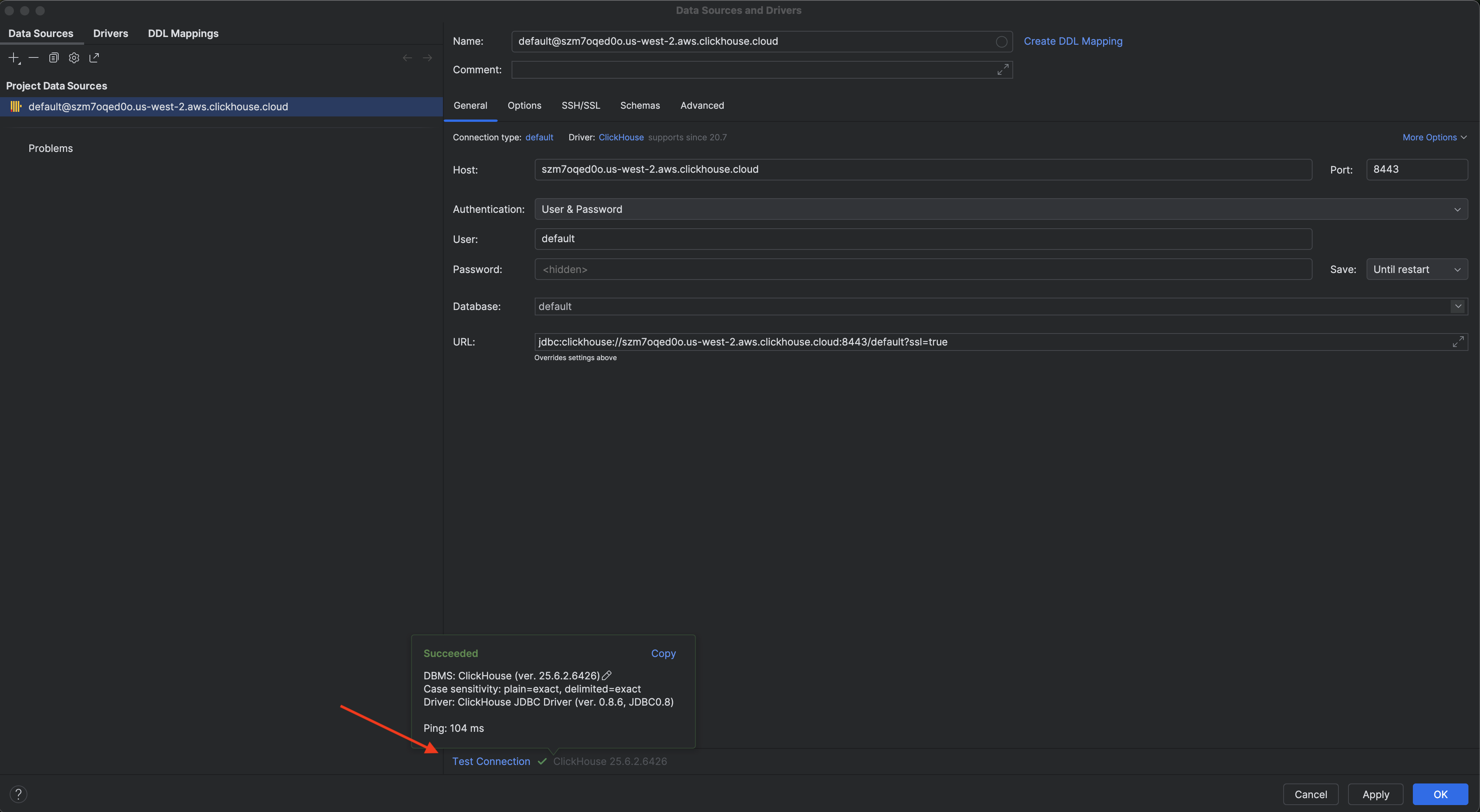 ClickHouse 설정이 포함된 DataGrip 연결 정보 입력 폼