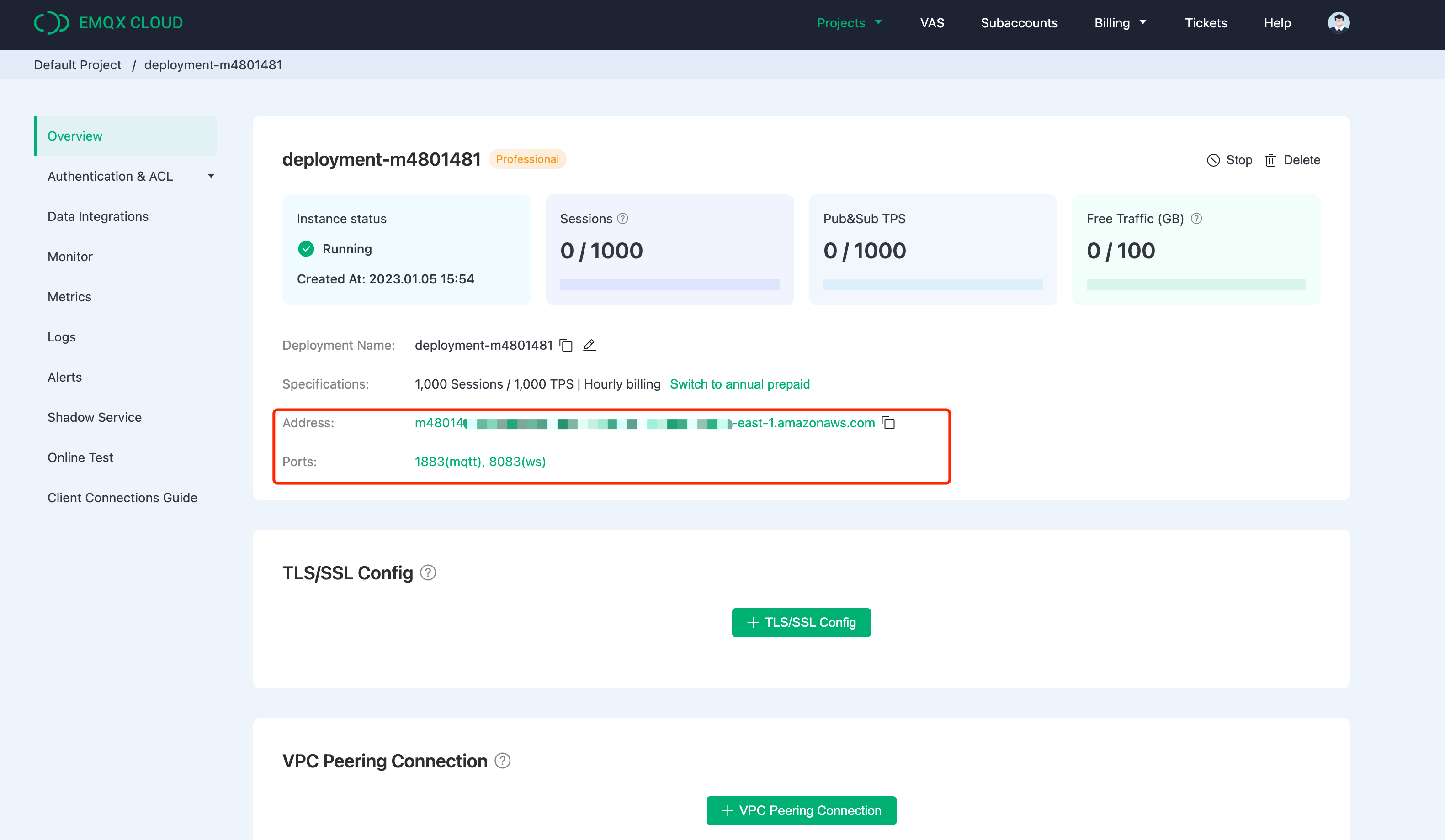 EMQX Cloud Overview Dashboard showing broker metrics