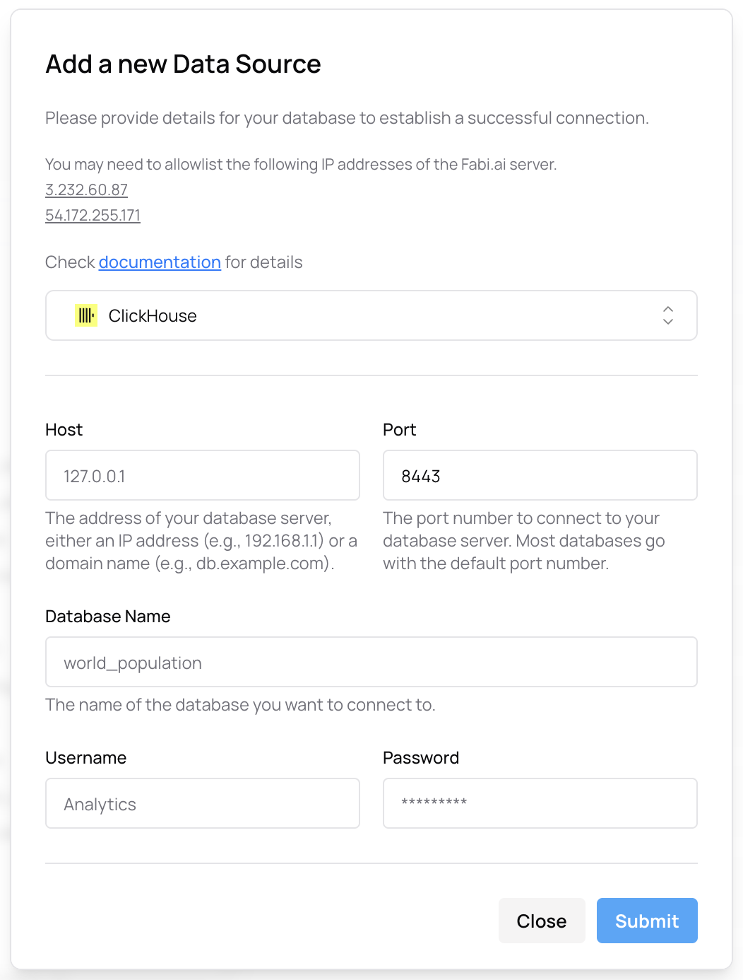 ClickHouse 자격 증명 입력 양식