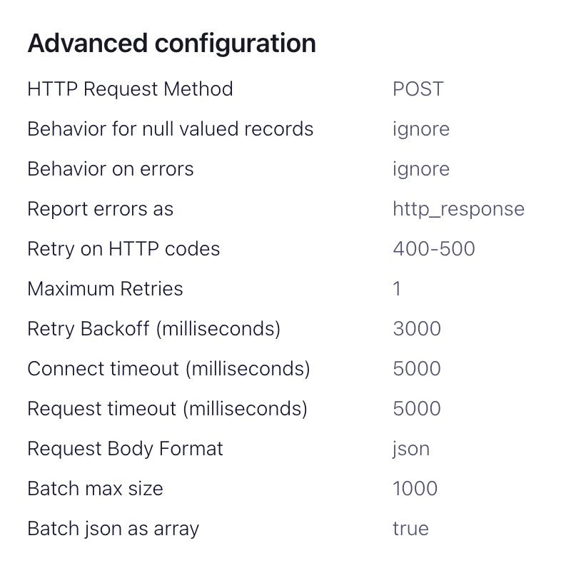 HTTP Sink connector에 대한 고급 구성 옵션을 보여주는 Confluent Cloud 인터페이스
