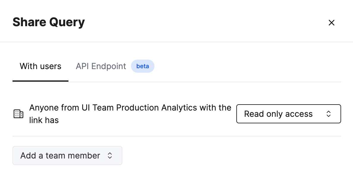 권한 옵션이 있는 공유 기능을 보여주는 ClickHouse Cloud 쿼리 편집기