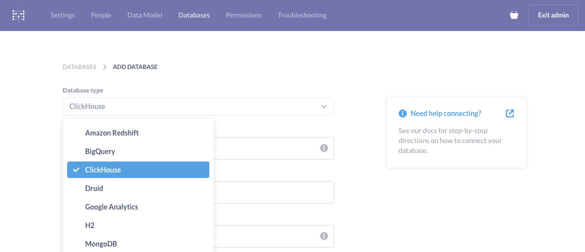 ClickHouse가 옵션으로 표시된 Metabase 데이터베이스 선택 화면